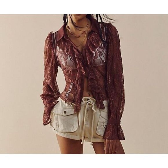 Free People OB1501032 Women's Sz S Wine Red This Shirt Tho Lace L/S Blouse $98 - Picture 8 of 8